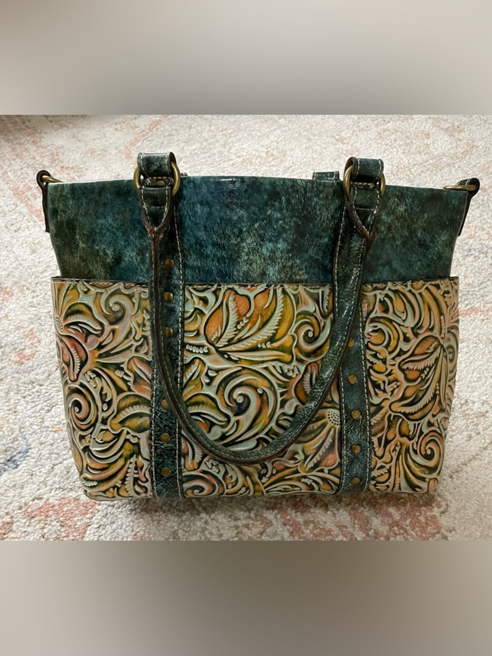 Patricia Nash Talloria Tooled Leather Handbag - Turquoise Western Tote - Picture 2 of 10